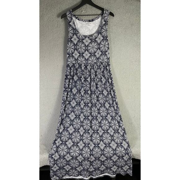 Essentials Sleeveless Navy White Patterned‎ Maxi Dress Scoop Neck Size L - Picture 2 of 8
